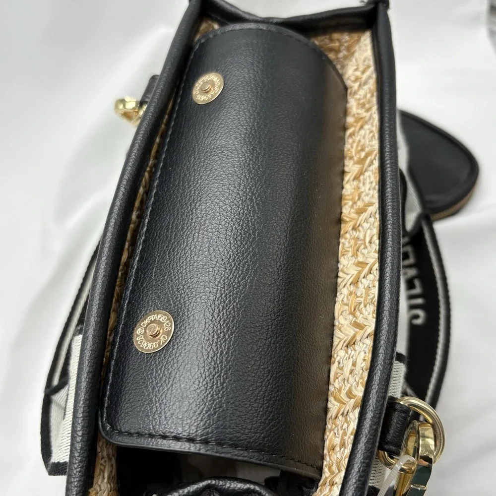 Steve Madden Womens Black Bwebber Straw Satchel Crossbody Purse Bag Earbud Case‎